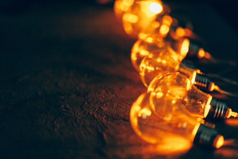 Garland of light bulbs close up in the dark